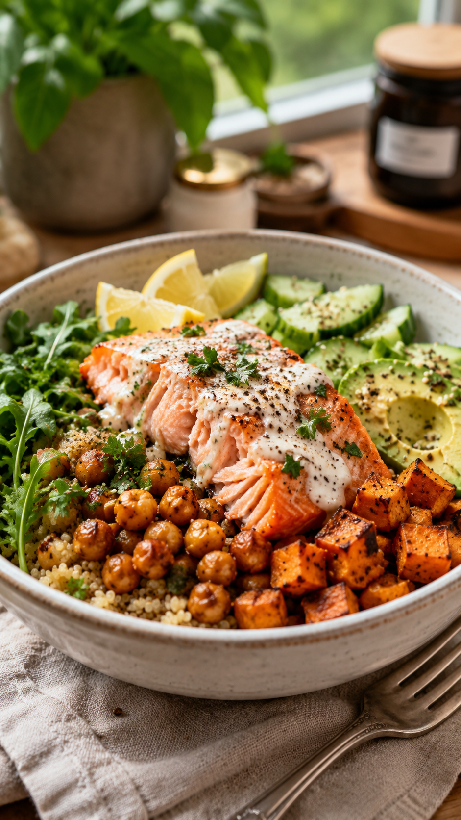 Anti-Inflammatory Salmon Glow Bowl With Sweet Potatoes and Chickpeas