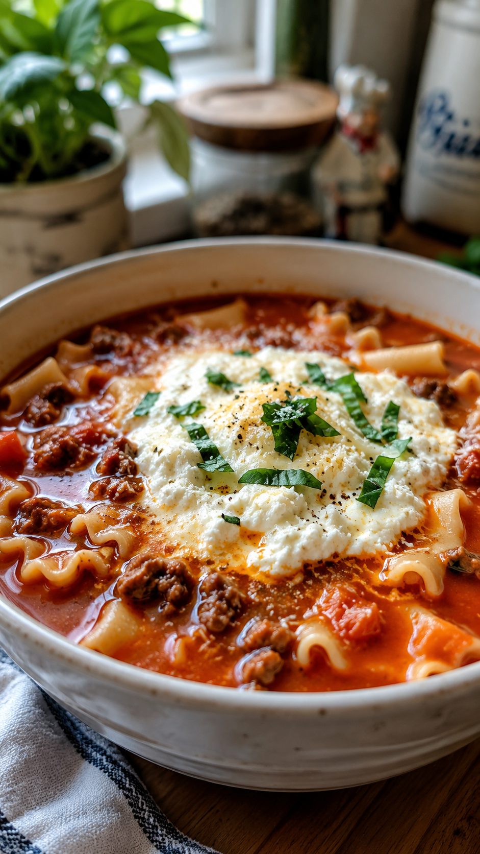 One Pot Lasagna Soup with Ground Beef, Ricotta and Mozzarella!
