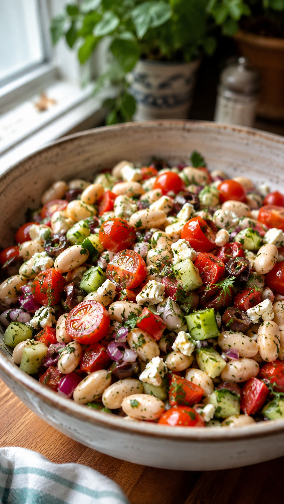 Mediterranean White Bean Salad with Feta, Cucumber & Lemon Herb Dressing!