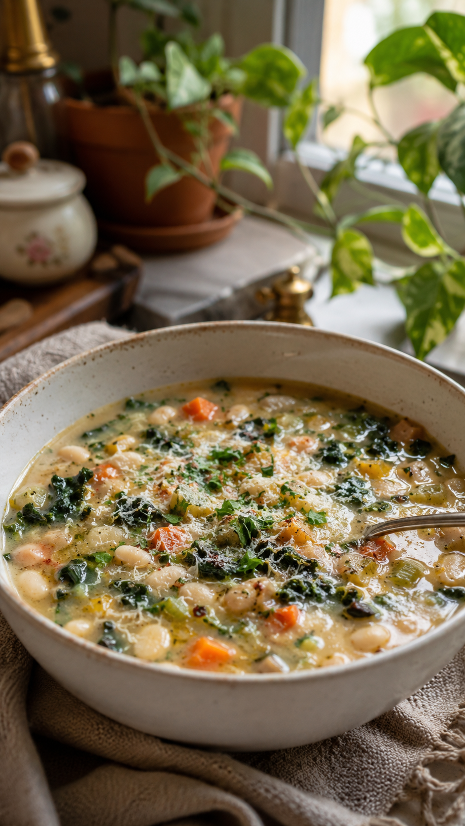 Creamy Tuscan White Bean Soup with Kale and Parmesan!