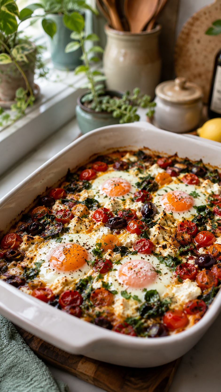 Mediterranean Baked Feta Eggs with Tomatoes and Spinach