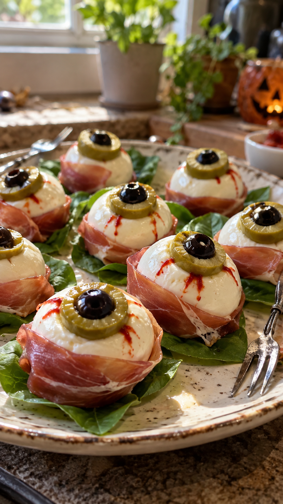 Mozzarella Eyeballs with Olives and Prosciutto: Easy Halloween Appetizer