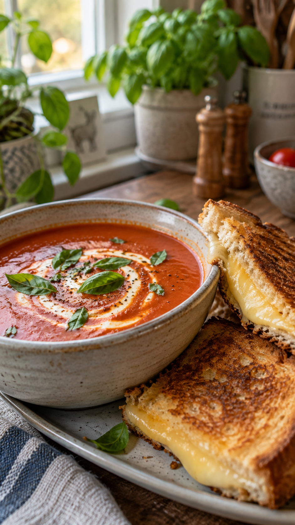 Creamy Tomato Basil Soup with Grilled Cheese!