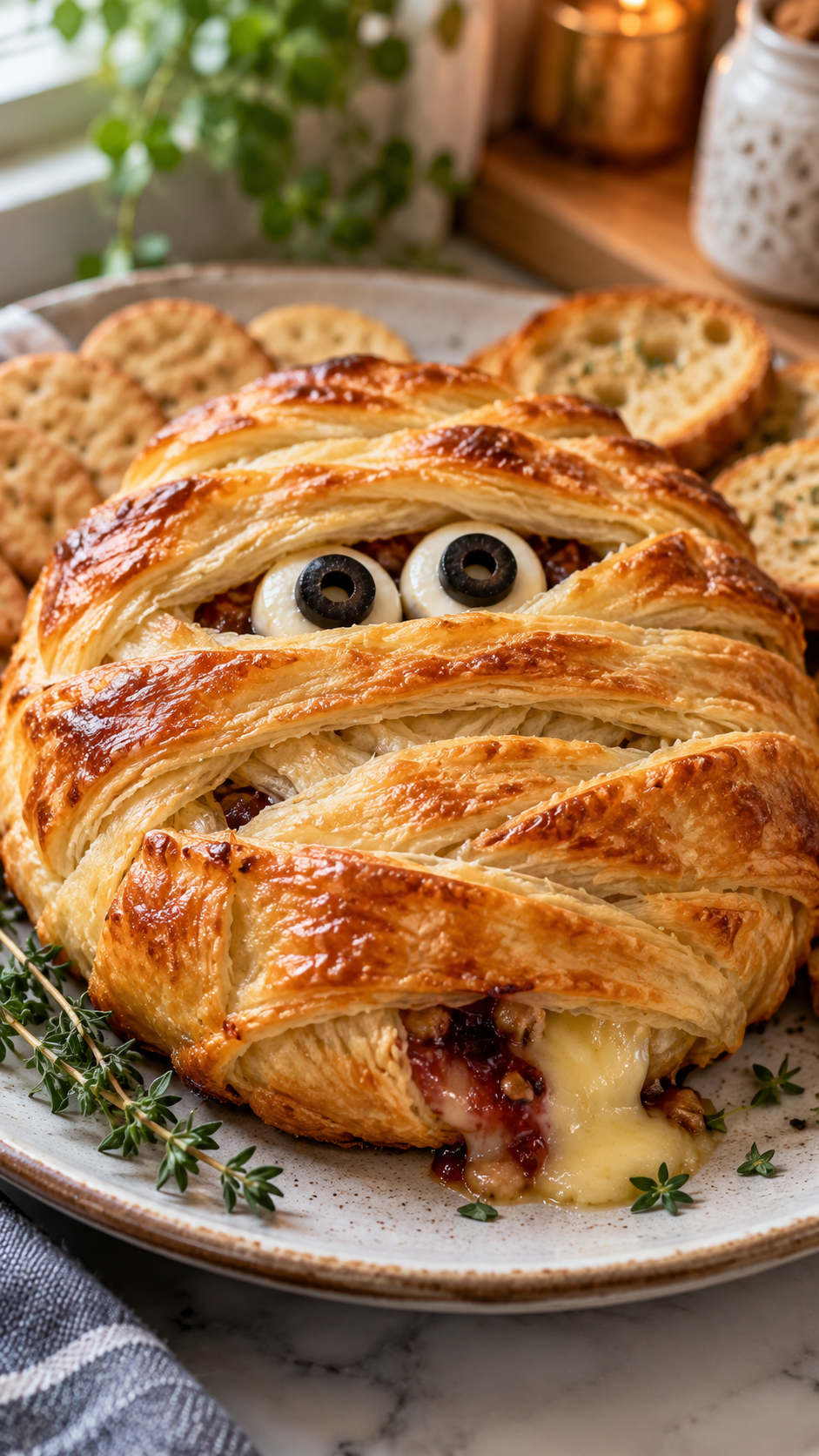 Mummy Baked Brie in Puff Pastry: Easy Halloween Appetizer!!