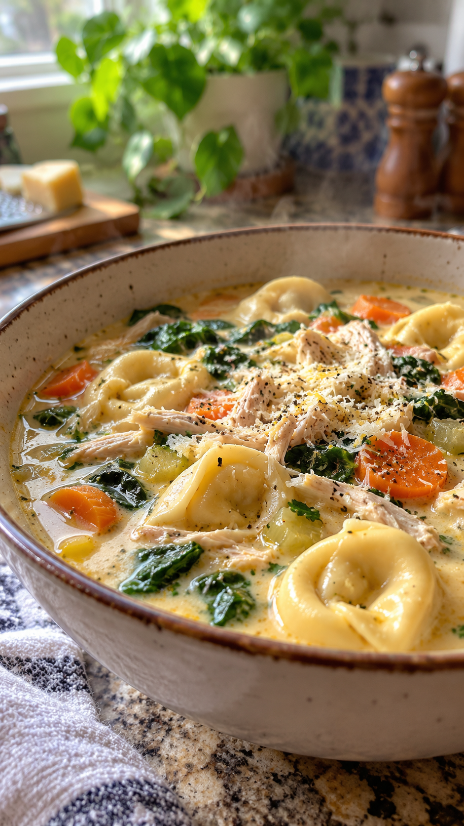 Creamy Chicken Tortellini Soup with Garlic and Parmesan!!