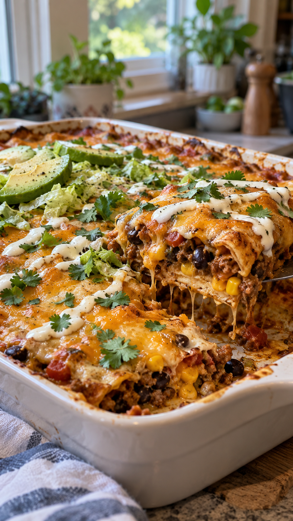 Layered Taco Bake Casserole Recipe with Beef and Black Beans!